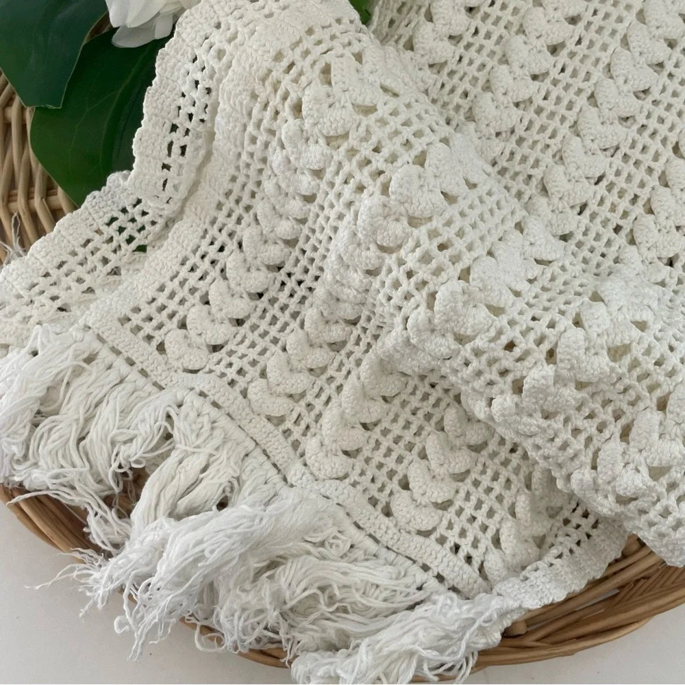 Bohemian handmade crochet scarf heart design fringed tassel detailing